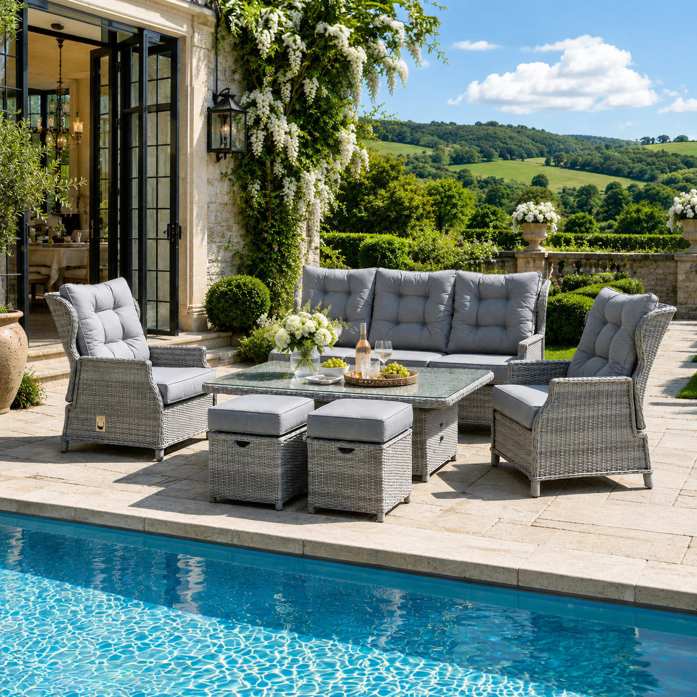 Archie Garden 6 Piece Reclining Sofa Dining Set with Rising Table & Ice Bucket - Image 2