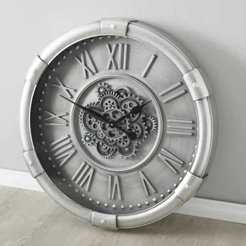 Round Roman Numbers Pewter Silver Style Cog Wall Clock | 74 cm - Image 2